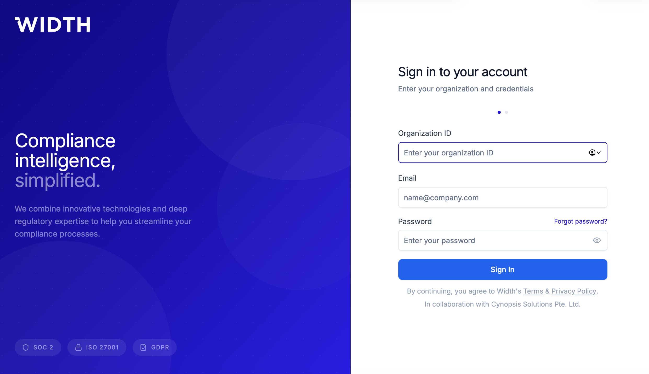 WIDTH One Platform login page with Organisation ID, email and password fields