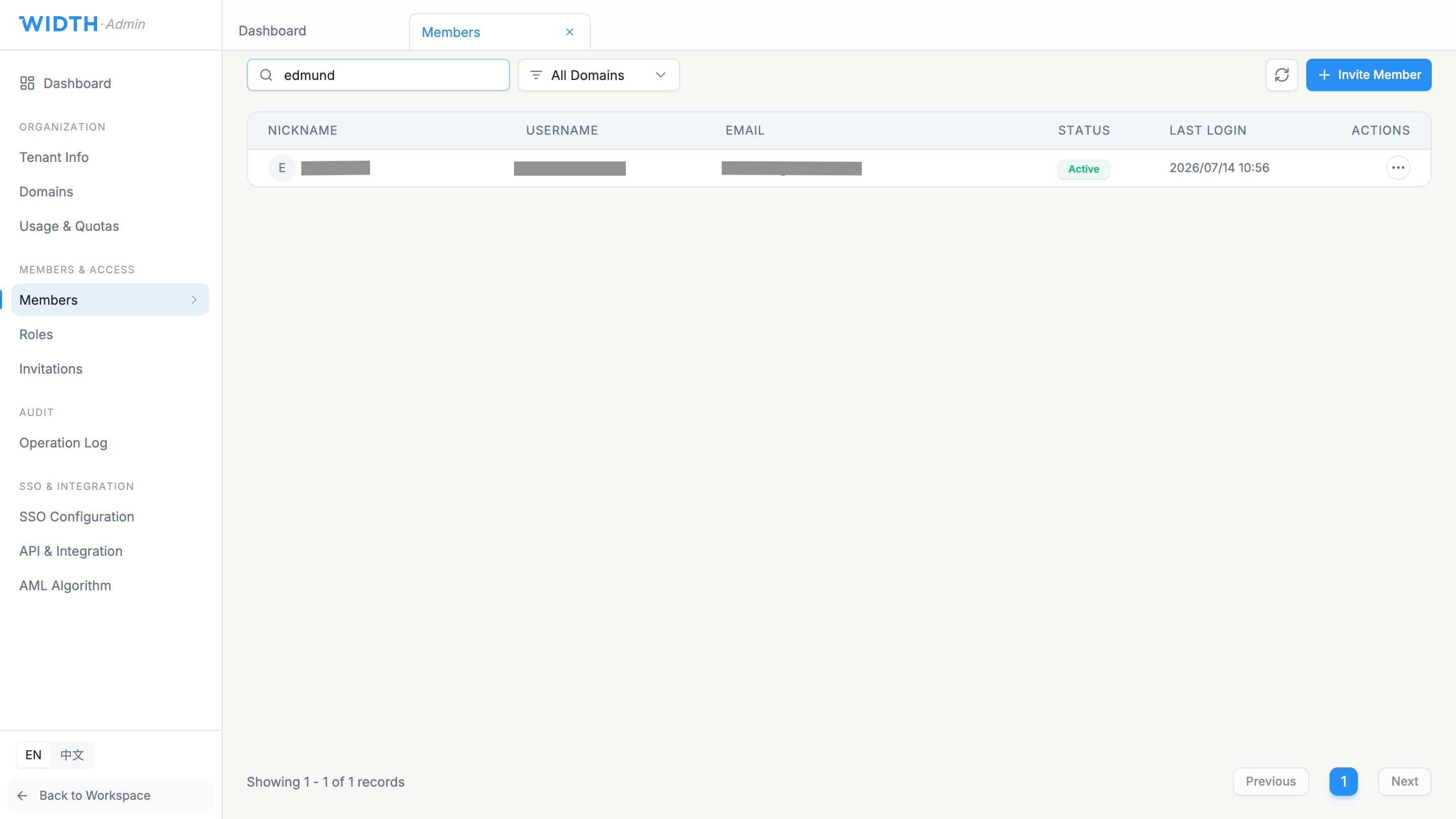 WIDTH role management page showing predefined platform roles